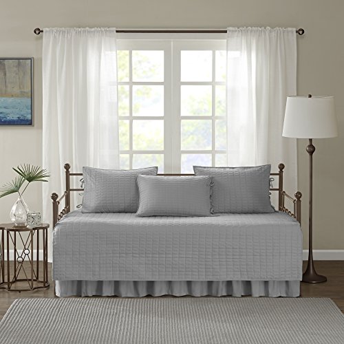 Comfort Spaces Daybed Cover - Luxe Double Sided-Quilting, All Season Cozy Bedding with Bedskirt, Matching Shams, Kienna Grey 75"x39" 5 Piece,100% Microfiber