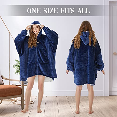 Topcee Oversized Blanket Hoodie Sweatshirt with Zip, Cozy Warm Hooded Sherpa Fleece Wearable Blanket, Louging Blanket with Giant Pocket, Gifts for Adults Girlfriend Wife Mom and Daughter. (Navy Blue)