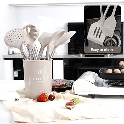 NCUE Cooking Utensils Set, 28 Pcs Silicone Kitchen Utensils Set with Holder, Silicone Whisk, Spatulas, Scissors, Measuring Cups and Spoons Set with Stainless Steel Handle Kitchen Gadgets (Khaki)