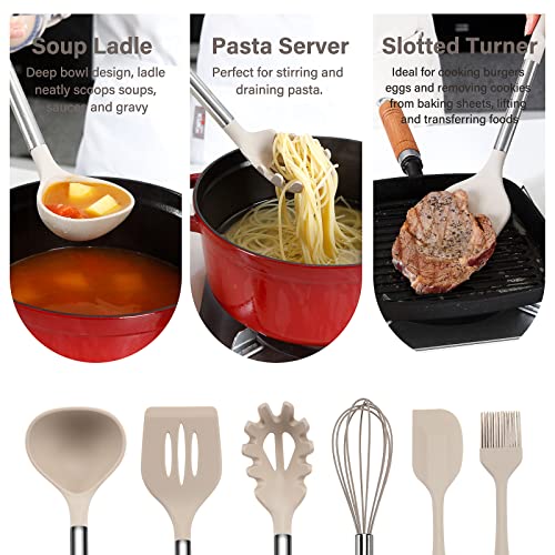 NCUE Cooking Utensils Set, 28 Pcs Silicone Kitchen Utensils Set with Holder, Silicone Whisk, Spatulas, Scissors, Measuring Cups and Spoons Set with Stainless Steel Handle Kitchen Gadgets (Khaki)