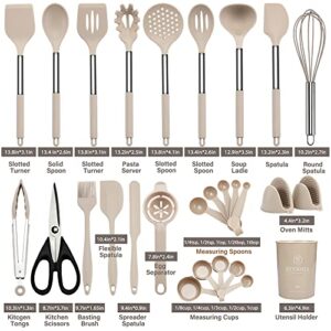 NCUE Cooking Utensils Set, 28 Pcs Silicone Kitchen Utensils Set with Holder, Silicone Whisk, Spatulas, Scissors, Measuring Cups and Spoons Set with Stainless Steel Handle Kitchen Gadgets (Khaki)