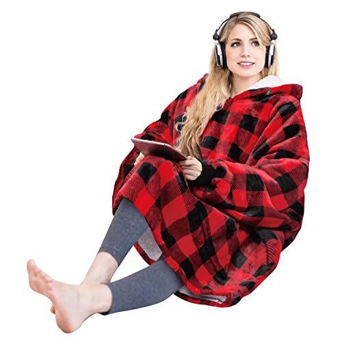 Oversized Blanket Sweatshirt, Super Soft Warm Cozy Wearable Sherpa Hoodie for Adults & Teens, Reversible, Hood & Large Pocket, One Size