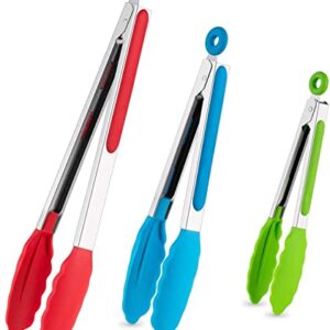 7"+9"+12" Silicone Kitchen Tongs Set, Cooking Tongs with Silicone Tips and Stainless Steel Handle, Heat Resistant Tongs for Grilling Cooking Barbecue Buffet Salad Serving, 7/9/12 Inches (Multicolor)