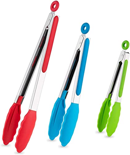 7"+9"+12" Silicone Kitchen Tongs Set, Cooking Tongs with Silicone Tips and Stainless Steel Handle, Heat Resistant Tongs for Grilling Cooking Barbecue Buffet Salad Serving, 7/9/12 Inches (Multicolor)