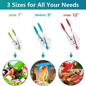 7"+9"+12" Silicone Kitchen Tongs Set, Cooking Tongs with Silicone Tips and Stainless Steel Handle, Heat Resistant Tongs for Grilling Cooking Barbecue Buffet Salad Serving, 7/9/12 Inches (Multicolor)