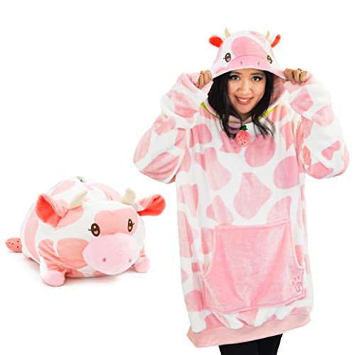 Plushible Wearable Blanket - Blanket Hoodie for Teens & Women - Oversized Hooded Animal Blankets - Cozy & Comfy Front Pocket & Long Sleeves - Strawberry Cow Hood - Valentines Day Gifts