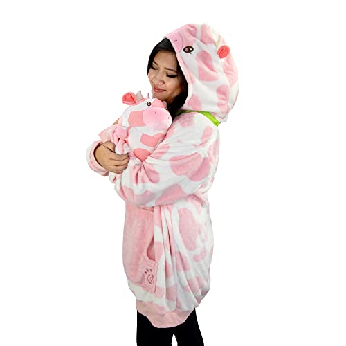 Plushible Wearable Blanket - Blanket Hoodie for Teens & Women - Oversized Hooded Animal Blankets - Cozy & Comfy Front Pocket & Long Sleeves - Strawberry Cow Hood - Valentines Day Gifts