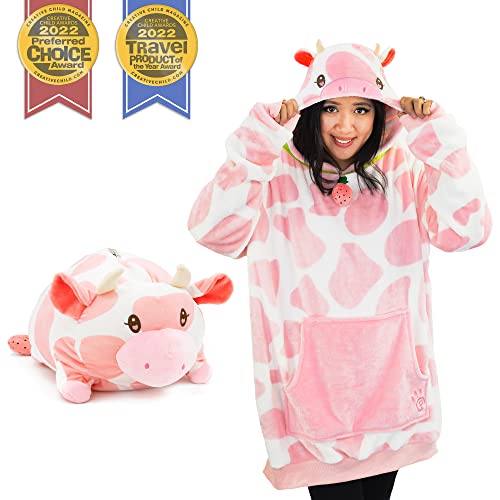 Plushible Wearable Blanket - Blanket Hoodie for Teens & Women - Oversized Hooded Animal Blankets - Cozy & Comfy Front Pocket & Long Sleeves - Strawberry Cow Hood - Valentines Day Gifts