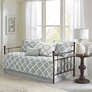 madison park essentials merritt reversible daybed cover-fretwork print, diamond quilting all season cozy bedding with bedskirt, matching shams, decorative pillow, 75"x39", grey 6 piece