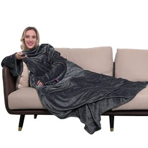 winthome wearable blanket with sleeves for adults women men, soft and warm tv wrap throw blanket with elastic cuffs, hook and loop fastener(grey,55.1"x66.9")