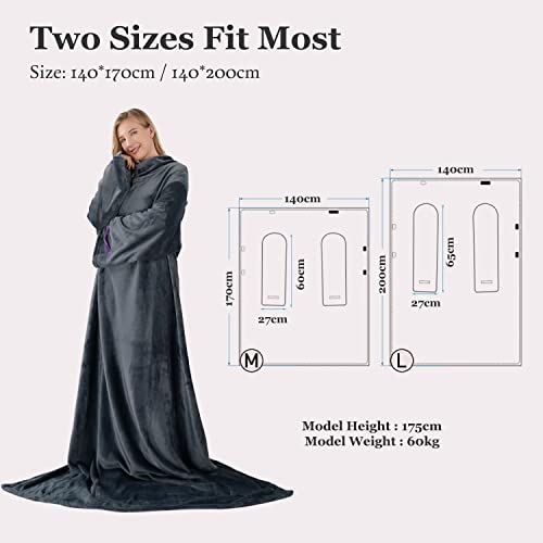 Winthome Wearable Blanket with Sleeves for Adults Women Men, Soft and Warm TV Wrap Throw Blanket with Elastic Cuffs, Hook and Loop Fastener(Grey,55.1"X66.9")