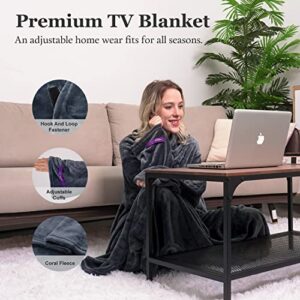 Winthome Wearable Blanket with Sleeves for Adults Women Men, Soft and Warm TV Wrap Throw Blanket with Elastic Cuffs, Hook and Loop Fastener(Grey,55.1"X66.9")