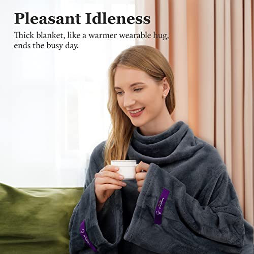 Winthome Wearable Blanket with Sleeves for Adults Women Men, Soft and Warm TV Wrap Throw Blanket with Elastic Cuffs, Hook and Loop Fastener(Grey,55.1"X66.9")