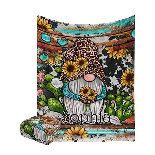 Western Gnome Sunflowers Personalized Blankets Throw Bed Sofa Couch Blankets Traveling Camping Hiking Soft Cozy 50 x 60 Inch