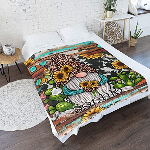 Western Gnome Sunflowers Personalized Blankets Throw Bed Sofa Couch Blankets Traveling Camping Hiking Soft Cozy 50 x 60 Inch