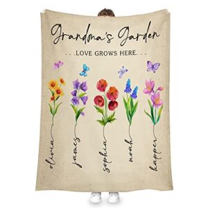 Custom Grandkids Names Fleece Throw Blankets, Personalized Grandma Gifts, Grandma's Garden Blanket Custom Birth Month Flowers Blanket Birthday Gifts for Grandma Nana Mimi Gigi Grandmother (Multi 7)