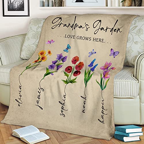 Custom Grandkids Names Fleece Throw Blankets, Personalized Grandma Gifts, Grandma's Garden Blanket Custom Birth Month Flowers Blanket Birthday Gifts for Grandma Nana Mimi Gigi Grandmother (Multi 7)