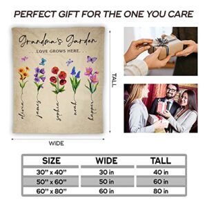 Custom Grandkids Names Fleece Throw Blankets, Personalized Grandma Gifts, Grandma's Garden Blanket Custom Birth Month Flowers Blanket Birthday Gifts for Grandma Nana Mimi Gigi Grandmother (Multi 7)