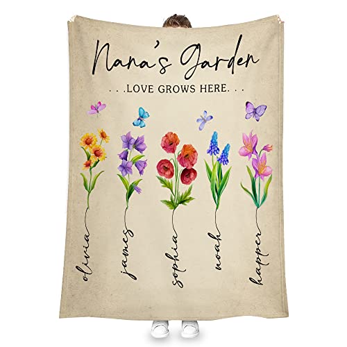 Custom Grandkids Names Fleece Throw Blankets, Personalized Grandma Gifts, Grandma's Garden Blanket Custom Birth Month Flowers Blanket Birthday Gifts for Grandma Nana Mimi Gigi Grandmother (Multi 7)