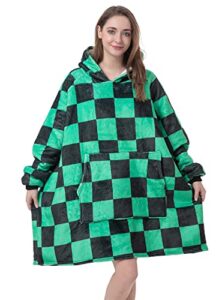 arthmom comfy wearable blanket hoodie for women men adult, oversized sherpa fuzzy fleece sweatershirt blanket with giant hood and pocket, one size fits all (plaid-green)