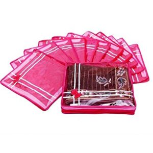 Fashion Bizz Pink Premium Single space saver bags Saree Cover Garment Cover Storage Cover Wardrob Organizer set of 12 Pcs Combo