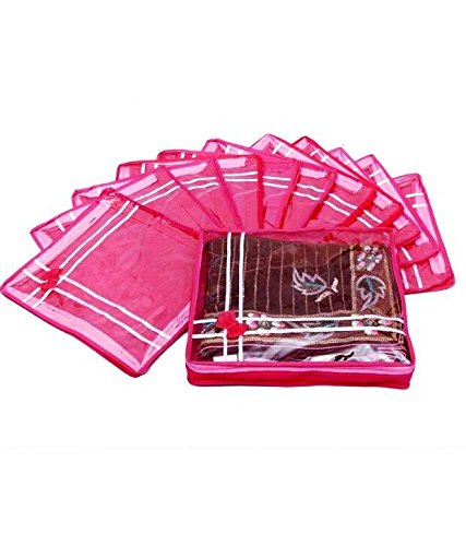 Fashion Bizz Pink Premium Single space saver bags Saree Cover Garment Cover Storage Cover Wardrob Organizer set of 12 Pcs Combo