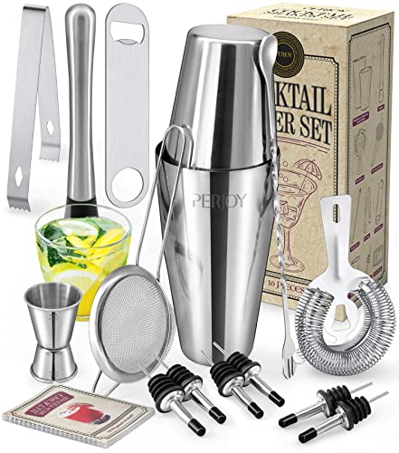 Perjoy Cocktail Shaker Set, 16 Piece Bartender Kit, Cocktail Shaker, Stainless Steel Bar Set Accessories, Coktail Set, Boston Shaker, Drink Mixer Shaker, Bartending Bar Tools with Muddler Spoon Jigger