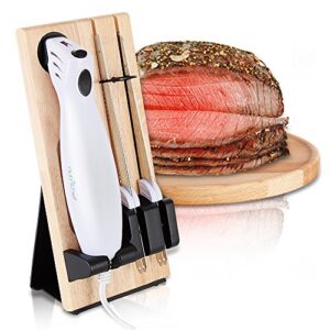 nutrichef electric carving slicer kitchen knife - portable electrical food cutter knife set with bread and carving blades, wood stand, for meat, turkey, bread, cheese, vegetable, fruit pkelkn16