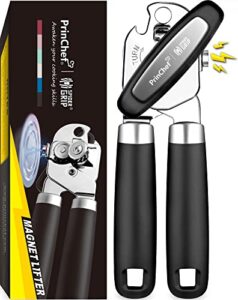 princhef can opener manual, can openers with magnet, no-trouble-lid-lift, handheld can opener smooth edge with sharp blade | can openers with large effort-saving handles, easy grip & heavy duty, black