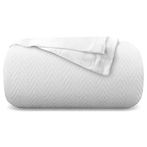 Comfortica Classics 100% Organic Cotton Super-Soft and Breathable Bed/Throw Blanket Herringbone Design - Queen, White