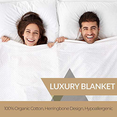 Comfortica Classics 100% Organic Cotton Super-Soft and Breathable Bed/Throw Blanket Herringbone Design - Queen, White