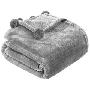 homeideas flannel fleece blanket throw size with pompoms fringe - lightweight fuzzy blanket for all season - super soft for couch bed camping travel (50x60, light grey)
