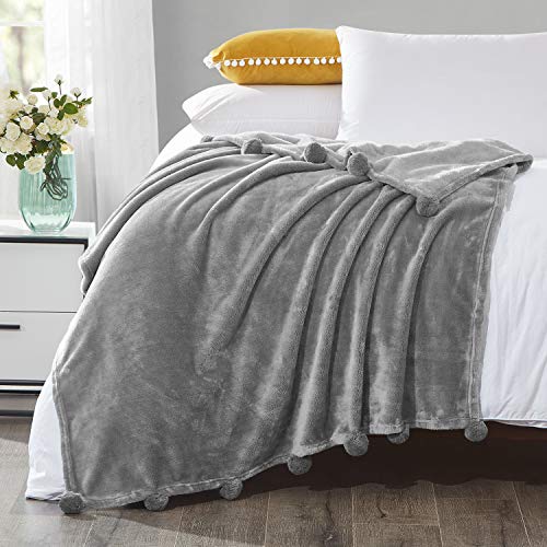 HOMEIDEAS Flannel Fleece Blanket Throw Size with Pompoms Fringe - Lightweight Fuzzy Blanket for All Season - Super Soft for Couch Bed Camping Travel (50x60, Light Grey)