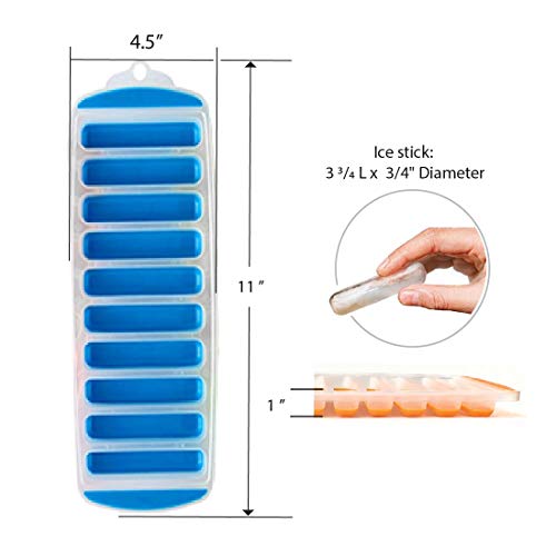 Lily's Home Silicone Narrow Ice Stick Cube Trays with Easy Push and Pop Out Material, Ideal for Sports and Water Bottles, Assorted Bright Colors (11" x 4 1/2" x 1", Set of 3)