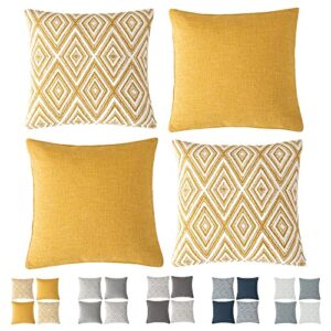 hpuk decorative throw pillow covers set of 4 geometric design linen cushion cover for couch sofa living room, 18"x18" inches, ochre
