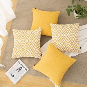 HPUK Decorative Throw Pillow Covers Set of 4 Geometric Design Linen Cushion Cover for Couch Sofa Living Room, 18"x18" inches, Ochre