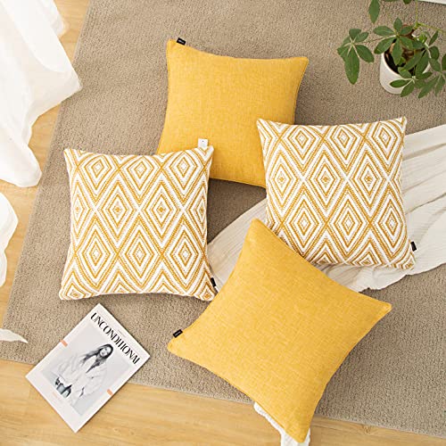 HPUK Decorative Throw Pillow Covers Set of 4 Geometric Design Linen Cushion Cover for Couch Sofa Living Room, 18"x18" inches, Ochre