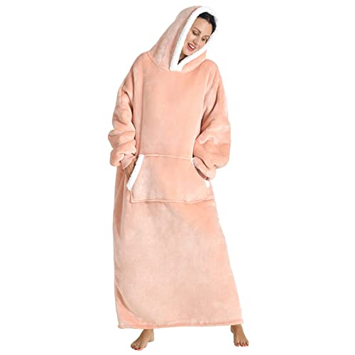 Jugbey Oversized Lengthened Wearable Blanket Hoodie for Women Men,Cozy Fuzzy Sherpa & Fleece Hooded Blankets,Big Blanket Sweatshirt with Sleeves & Giant Pocket Pink