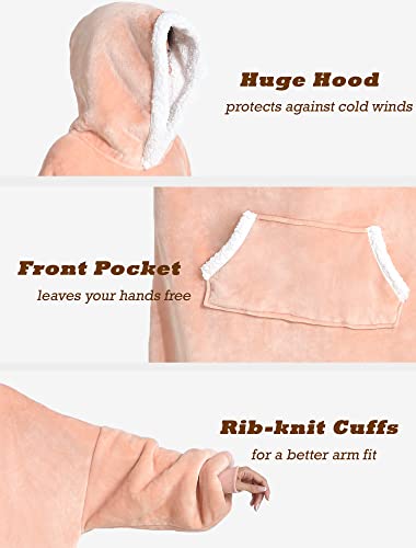 Jugbey Oversized Lengthened Wearable Blanket Hoodie for Women Men,Cozy Fuzzy Sherpa & Fleece Hooded Blankets,Big Blanket Sweatshirt with Sleeves & Giant Pocket Pink