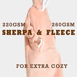 Jugbey Oversized Lengthened Wearable Blanket Hoodie for Women Men,Cozy Fuzzy Sherpa & Fleece Hooded Blankets,Big Blanket Sweatshirt with Sleeves & Giant Pocket Pink