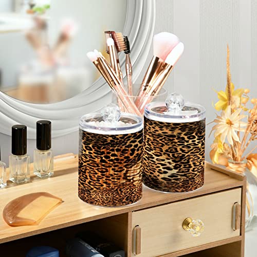 Kigai Beautiful Leopard Print Qtip Holder Dispenser with Lids 2PCS -Bathroom Storage Organizer Set, Clear Apothecary Jars Food Storage Containers, for Tea, Coffee, Cotton Ball, Floss