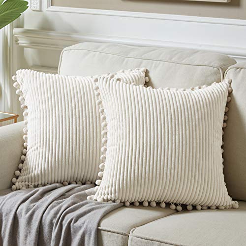 Fancy Homi Pack of 2 Boho Decorative Throw Pillow Covers with Pom-poms, Soft Corduroy Accent Solid Square Cushion Case Set for Couch Sofa Bedroom Car Living Room (18x18 Inch/45x45 cm, Cream)