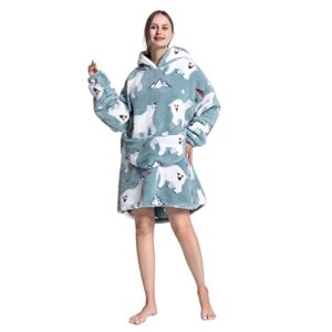 Moinlizy Adult Wearable Blanket Hoodie for Women and Men,Oversized Sherpa Sweatshirt Flannel Hooded Blanket Giant Pocket,Polar Bear