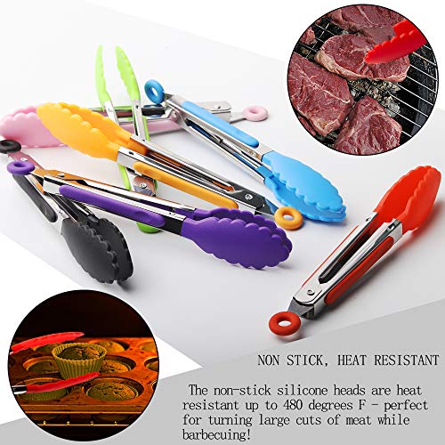 7 Pack Kitchen Tongs Set 7-Inch Color Mini Small Food Tongs with Stainless Steel Silicon Handles and Nylon Tips Heat Resistant Tongs for Cooking, Serving, BBQ, Grilling, Salad and More