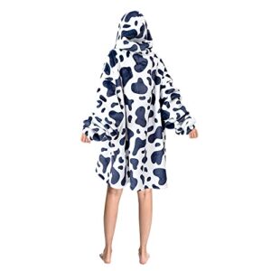 Wearable Blanket Hoodie for Adult Women Men,Oversized Sherpa Sweatshirt Wearable Blanket with Giant Pocket,Super Warm Soft Flannel Hooded Blanket,Cow Print