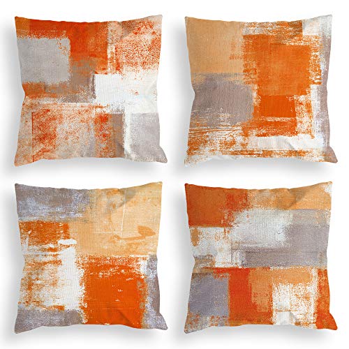 COLORPAPA Orange Grey Throw Pillow Covers 18x18 Set of 4 Decorative Cushion Cover Beige Abstract Art Painting Pillowcase for Sofa Bedroom Living Room Décor