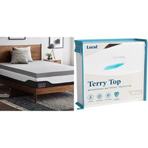 lucid 4 inch bamboo charcoal memory foam mattress topper - full & premium hypoallergenic 100% waterproof mattress protector - universal fit, cotton terry top, full