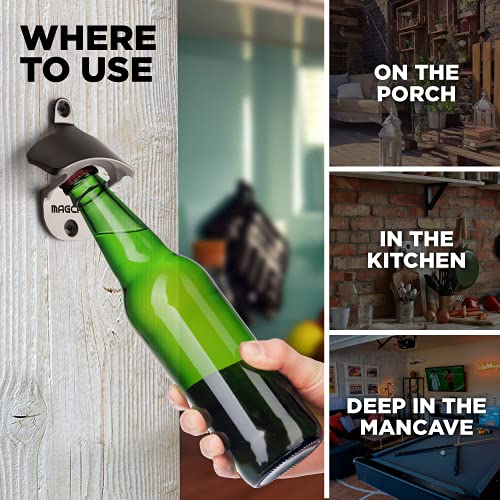 MAGCAP Outdoor Bottle Opener Wall Mounted - Style Magnetic Beer Bottle Opener that Catches Caps - Easy to Install and Incredibly Convenient