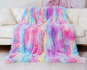 super soft faux fur throw blanket, reversible lightweight fluffy blanket 62" x 78", plush shaggy rainbow blanket, perfect decoration for couch sofa bed, rainbow color