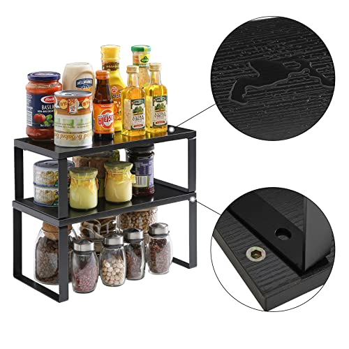 YMYNY Cabinet Shelf Organizer, Extendable Countertop Shelves Set of 2, Kitchen Spice Racks, Stackable, Storage Racks for Cupboard, Sink, Pantry, Bathroom, Black, Metal, HSR002B